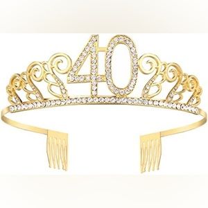 Gold Tone Metal 40th Birthday Tiara with Rhinestones
